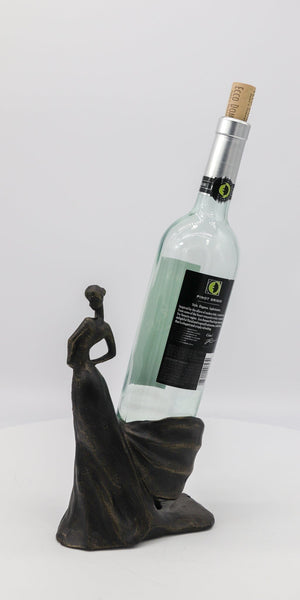 Art Deco Classy Lady Figurine Wine Bottle Holder - Cast Iron Metal - Rustic Deco Incorporated