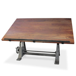 Industrial Architect's Drafting Desk - Adjustable Crank Cast Iron Base - Tilt Top - Rustic Deco Incorporated