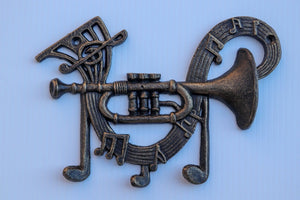 Jazz Trumpet Playing Musical Notes Wall Hanger - Cast Iron Metal Hooks - Rustic Deco Incorporated