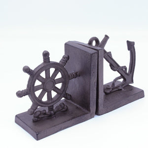 Nautical Anchor & Ship's Wheel Bookends - Cast Iron Metal Sculpture - Rustic Deco Incorporated