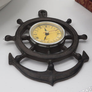 Ship Wheel Design Wall Clock - Cast Iron Nautical - Rustic Deco Incorporated