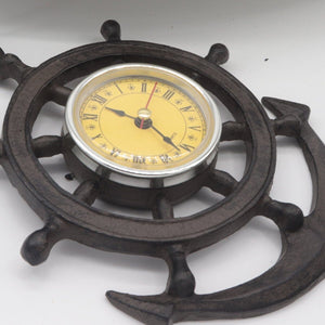 Ship Wheel Design Wall Clock - Cast Iron Nautical - Rustic Deco Incorporated
