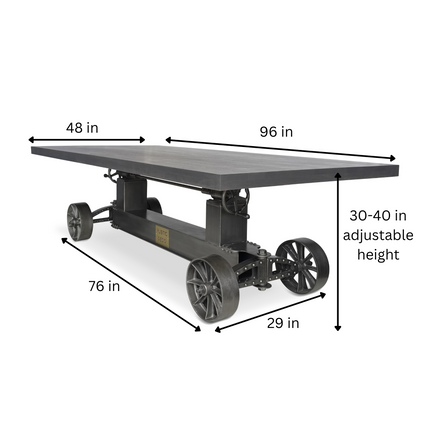 Industrial Trolley Dining Table - Iron Wheels - Adjustable - 8 ft Gray Top