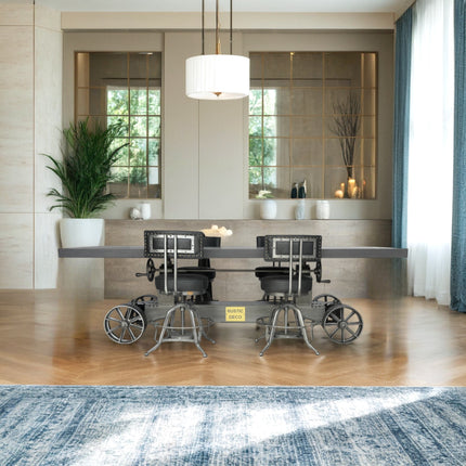 Industrial Trolley Dining Table - Iron Wheels - Adjustable - 8 ft Gray Top