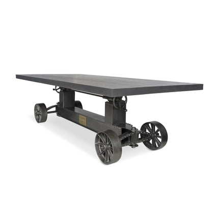 Industrial Trolley Dining Table - Iron Wheels - Adjustable - 8 ft Gray Top