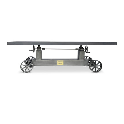Industrial Trolley Dining Table - Iron Wheels - Adjustable - 8 ft Gray Top