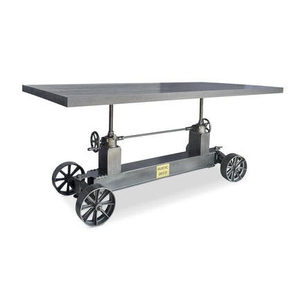 Industrial Trolley Dining Table - Iron Wheels - Adjustable - 8 ft Gray Top