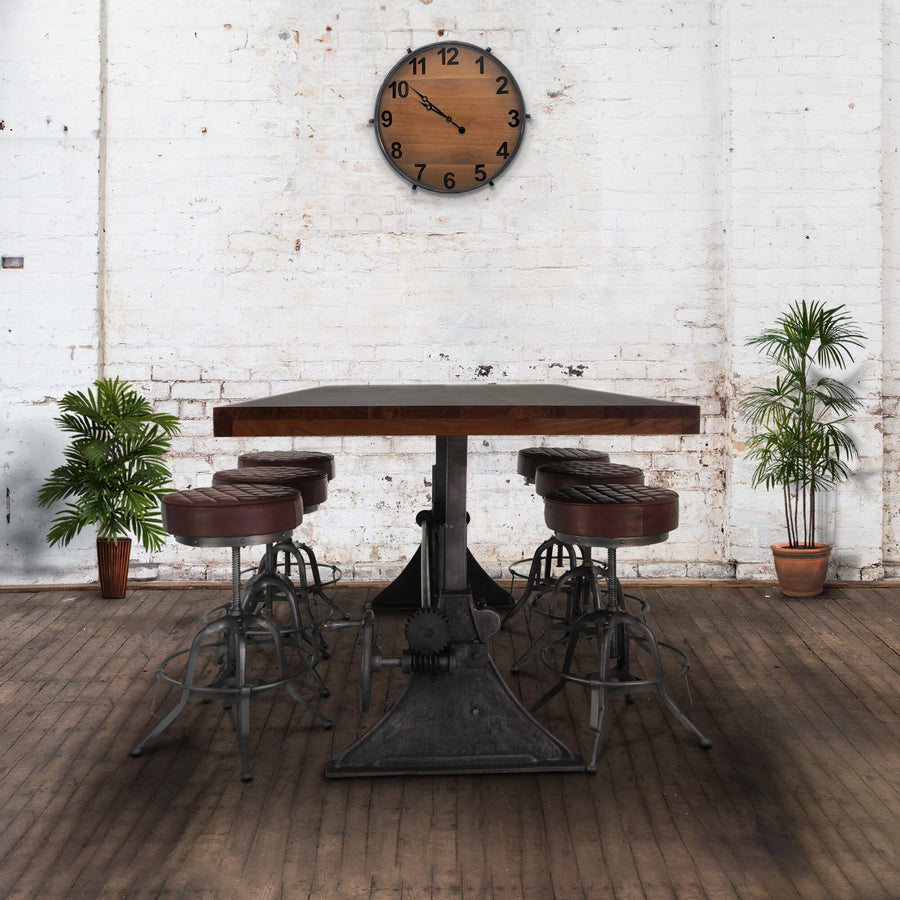 Industrial Dining - Adjustable Height Crank - Cast Iron Base - Mahogany Dining Table Rustic Deco