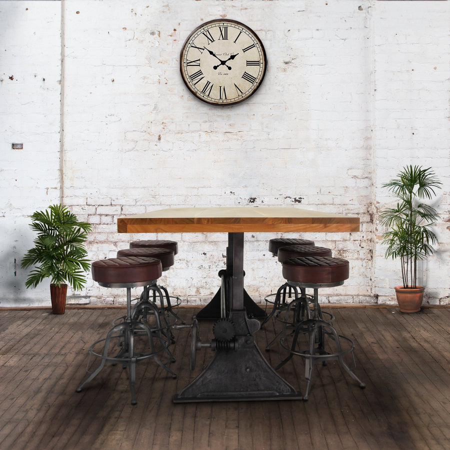 Industrial Dining - Adjustable Height Crank - Cast Iron Base - Natural Dining Table Rustic Deco