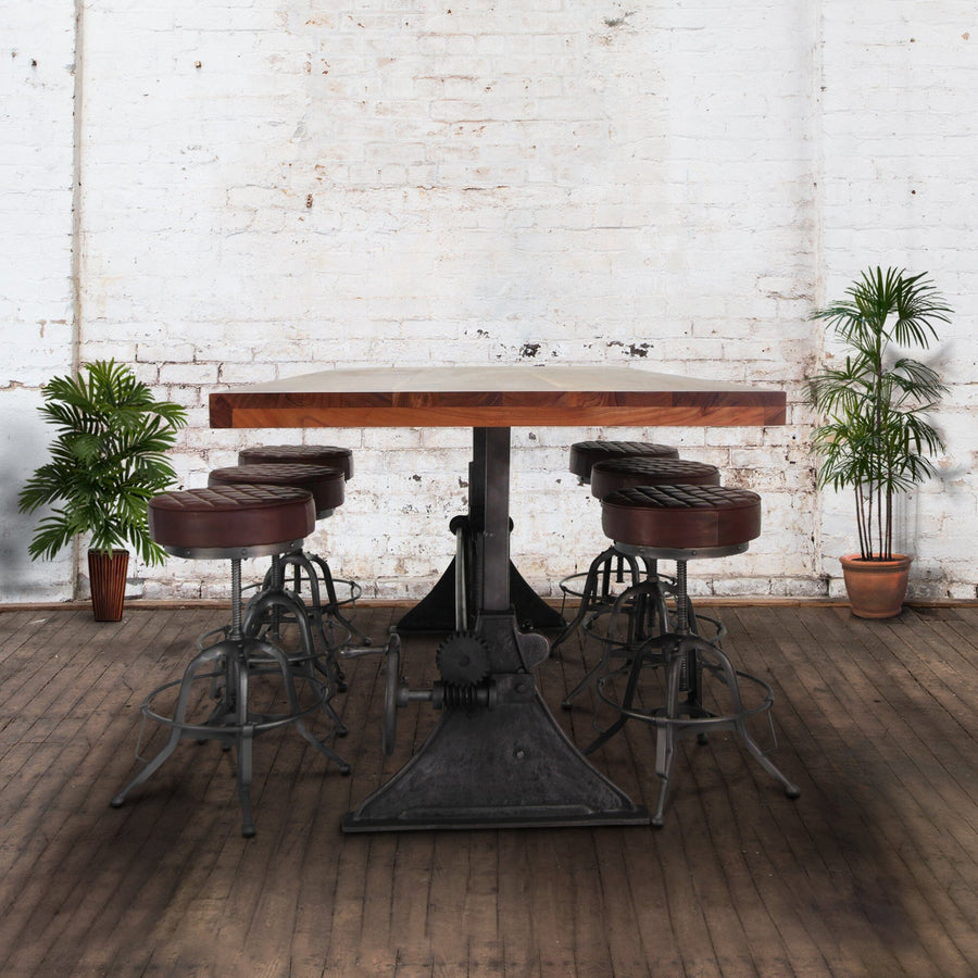 Industrial Dining - Adjustable Height Crank - Cast Iron Base - Walnut Finish Dining Table Rustic Deco