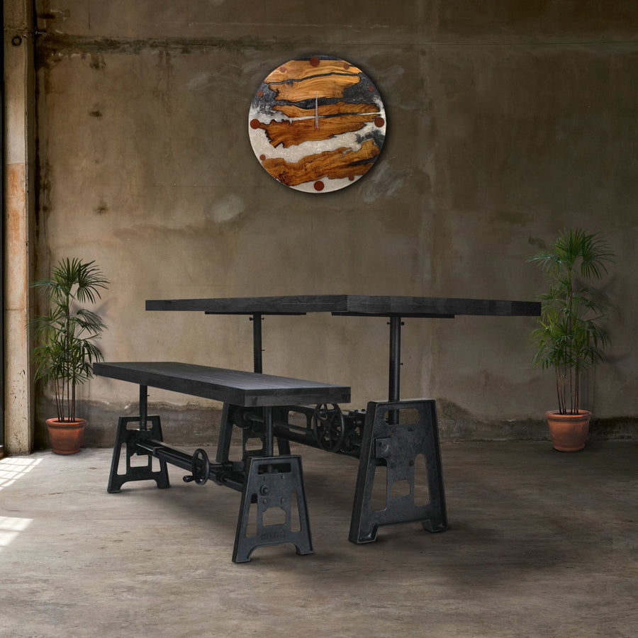 Industrial Dining Table - Cast Iron Base - Adjustable Height - Rustic Ebony Dining Table Rustic Deco