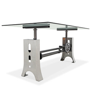Industrial Dining Table Polished Stainless Steel Adjustable Height Glass Top Dining Table Rustic Deco