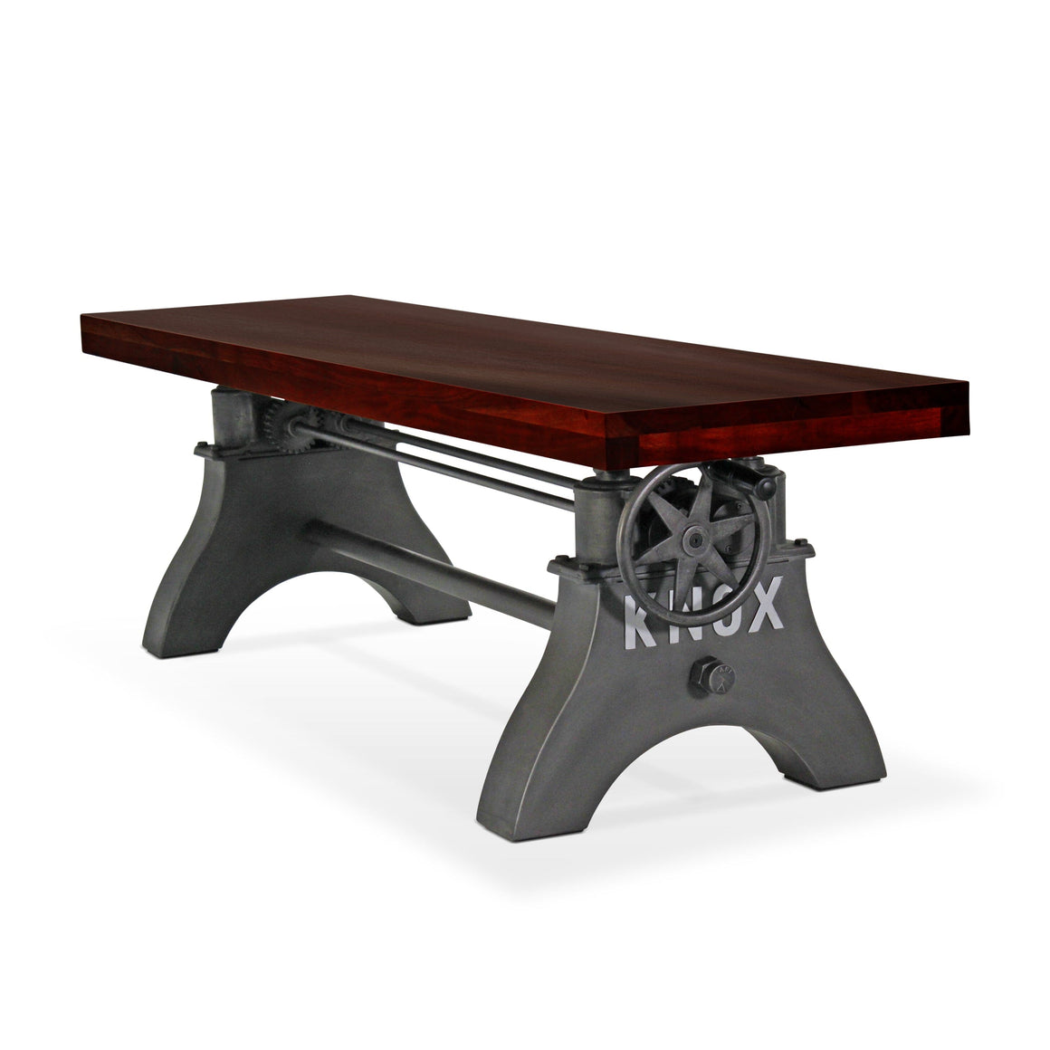 KNOX Adjustable Bench Dining to Bar Height - Industrial Iron Crank - Mahogany Top Bench Rustic Deco