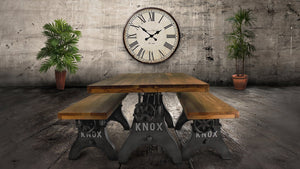KNOX Adjustable Bench Dining to Bar Height - Industrial Iron Crank - Natural Top Bench Rustic Deco