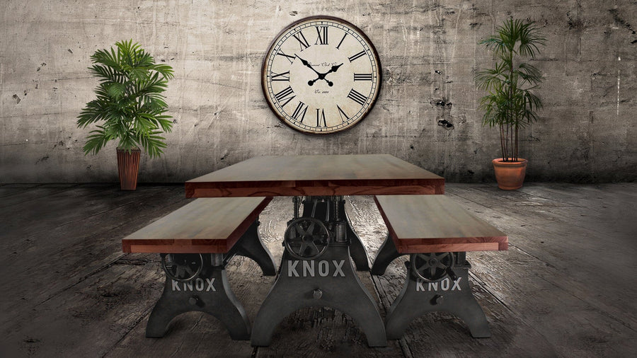 KNOX Adjustable Bench Dining to Bar Height - Industrial Iron Crank - Walnut Top Bench Rustic Deco