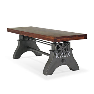 KNOX Adjustable Bench Dining to Bar Height - Industrial Iron Crank - Walnut Top Bench Rustic Deco