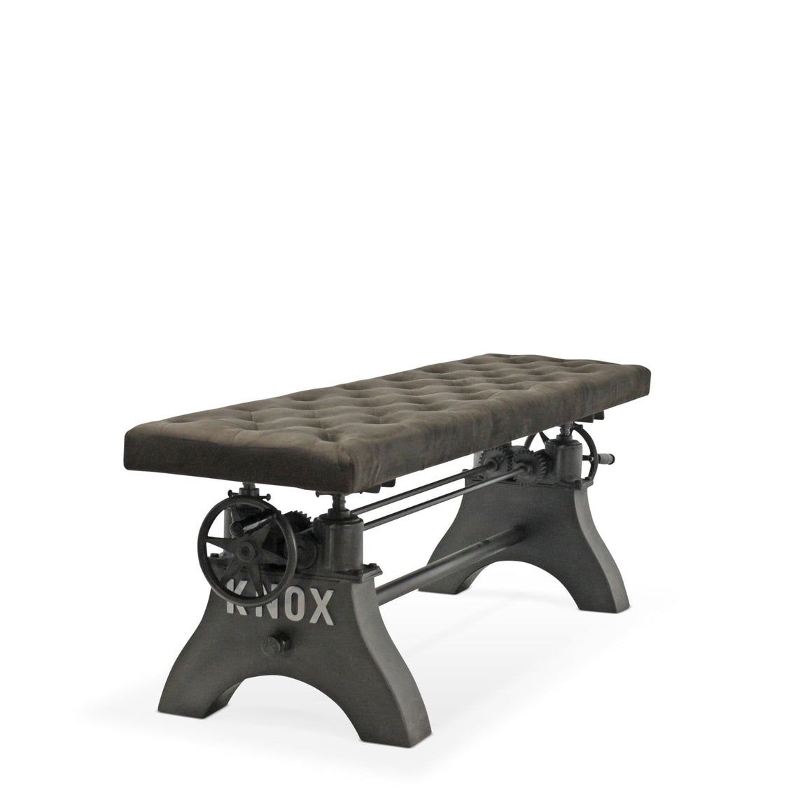 KNOX Adjustable Bench Dining to Bar Height - Iron Base - Charcoal Gray Velvet Seat Bench Rustic Deco