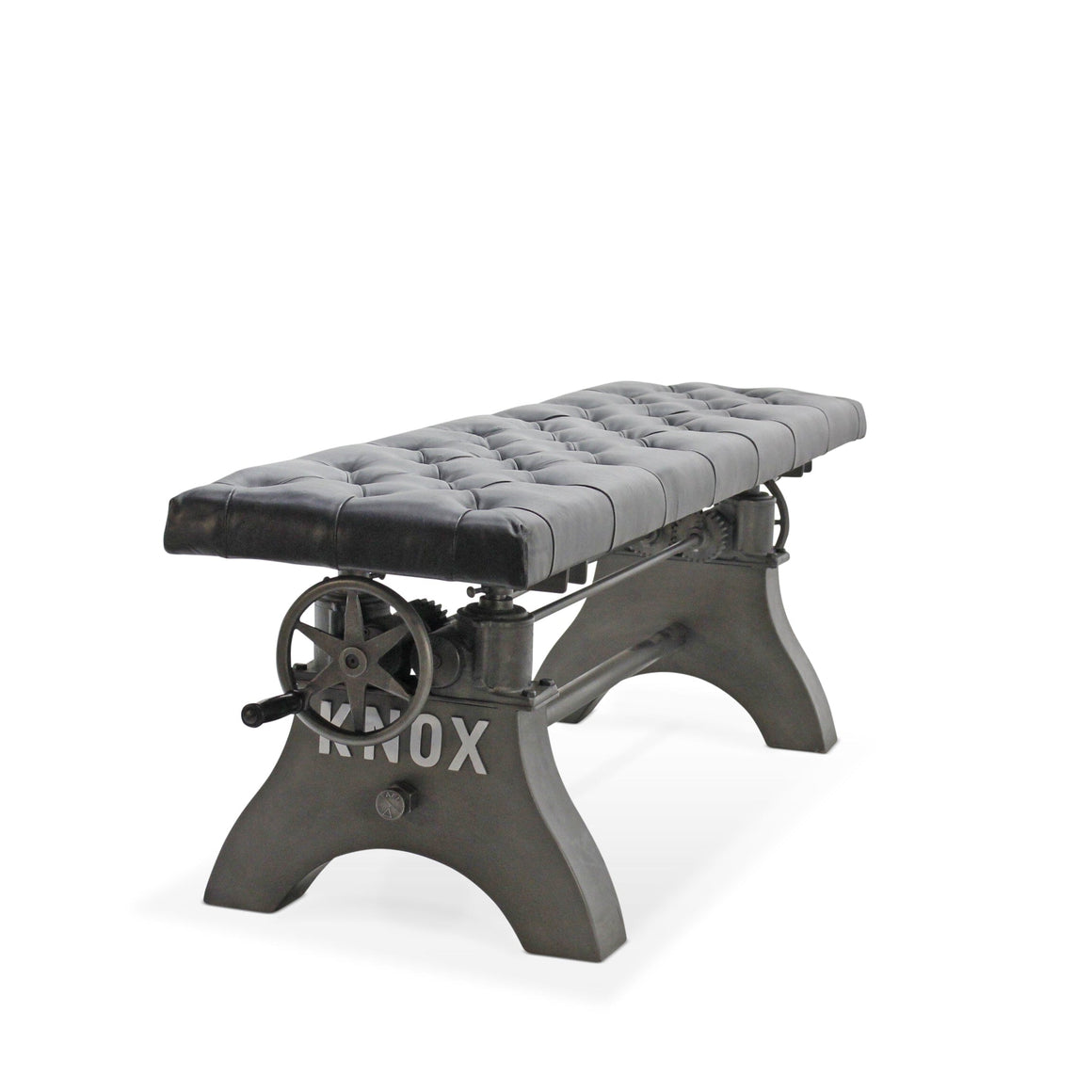 KNOX Adjustable Bench Dining to Bar Height - Iron Crank - Black Leather Seat Bench Rustic Deco
