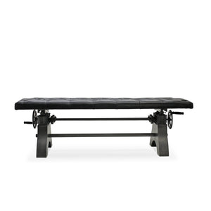 KNOX Adjustable Bench Dining to Bar Height - Iron Crank - Black Leather Seat Bench Rustic Deco