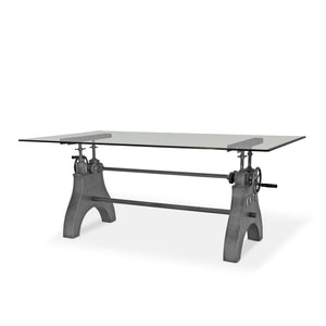 KNOX Adjustable Dining Table - Cast Iron Base - Glass Top Dining Table Rustic Deco