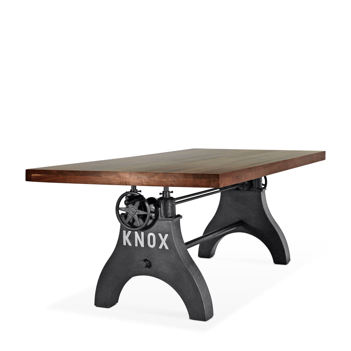 KNOX Adjustable Height Dining Table - Cast Iron Crank Base - Walnut Top Dining Table Rustic Deco