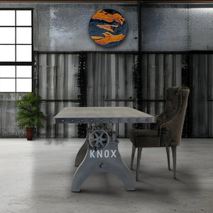 KNOX Adjustable Writing Table Desk - Embossed Cast Iron Base - Steel Top Dining Table Rustic Deco