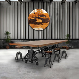 Otis Steel Communal Table - Adjustable Height - Iron Crank - Casters - Natural Top DIY Rustic Deco