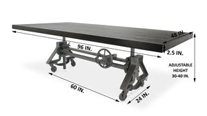 Otis Steel Dining 8 Foot Table - Adjustable Height - Iron Base - Casters - Ebony Dining Table Rustic Deco