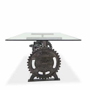 Steampunk Adjustable Dining Table - Iron Crank Base - Glass Top Dining Table Rustic Deco