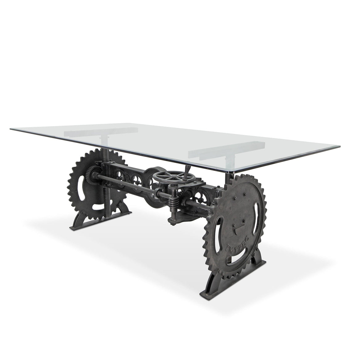 Steampunk Adjustable Dining Table - Iron Crank Base - Glass Top Dining Table Rustic Deco