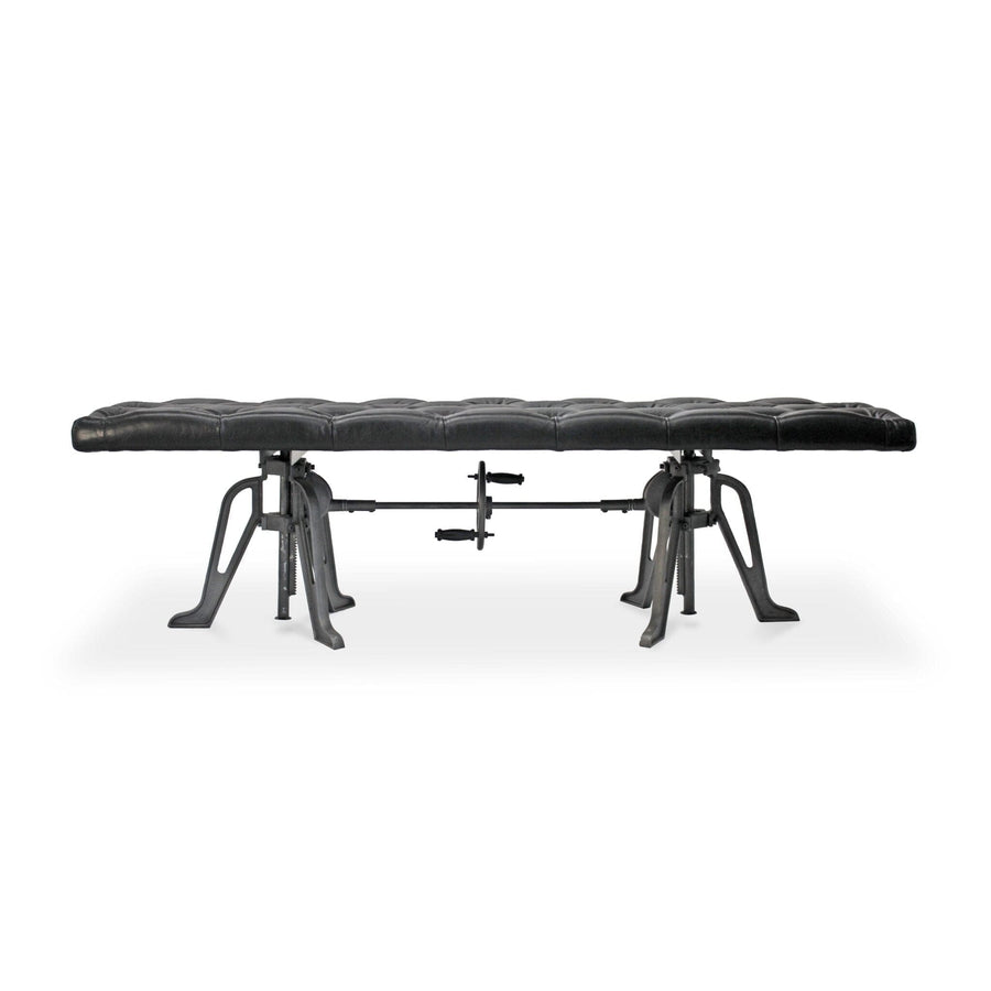 Adjustable Industrial Dining Bench - Cast Iron - Black Tufted Leather - 70" - Rustic Deco Incorporated