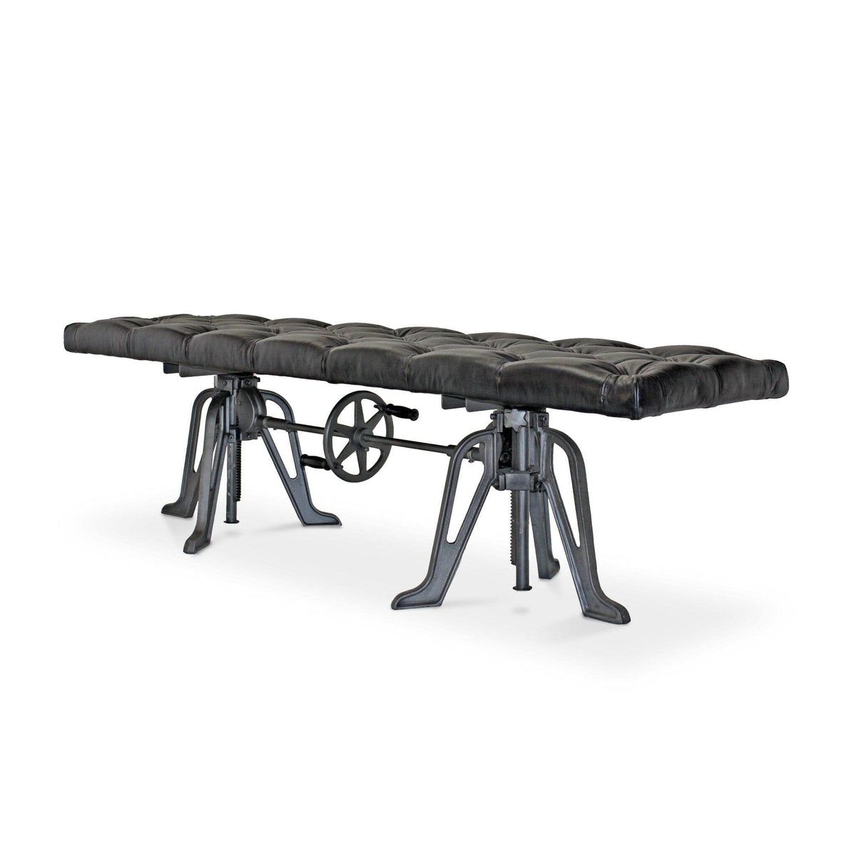Adjustable Industrial Dining Bench - Cast Iron - Black Tufted Leather ...