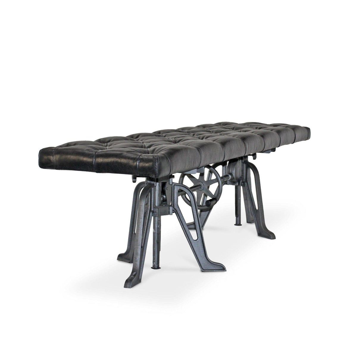 Adjustable Industrial Dining Bench - Cast Iron - Black Tufted Leather ...