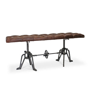 Adjustable Industrial Dining Bench - Cast Iron - Brown Tufted Leather - 70" - Rustic Deco Incorporated