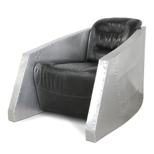 Aviator Bullet Leisure Arm Chair - Genuine Black Leather - Aluminum - Rustic Deco Incorporated