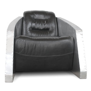 Aviator Bullet Leisure Arm Chair - Genuine Black Leather - Aluminum - Rustic Deco Incorporated