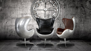 Aviator Egg Office Chair - Aluminum - Black Leather - Swivel - Casters - Rustic Deco Incorporated