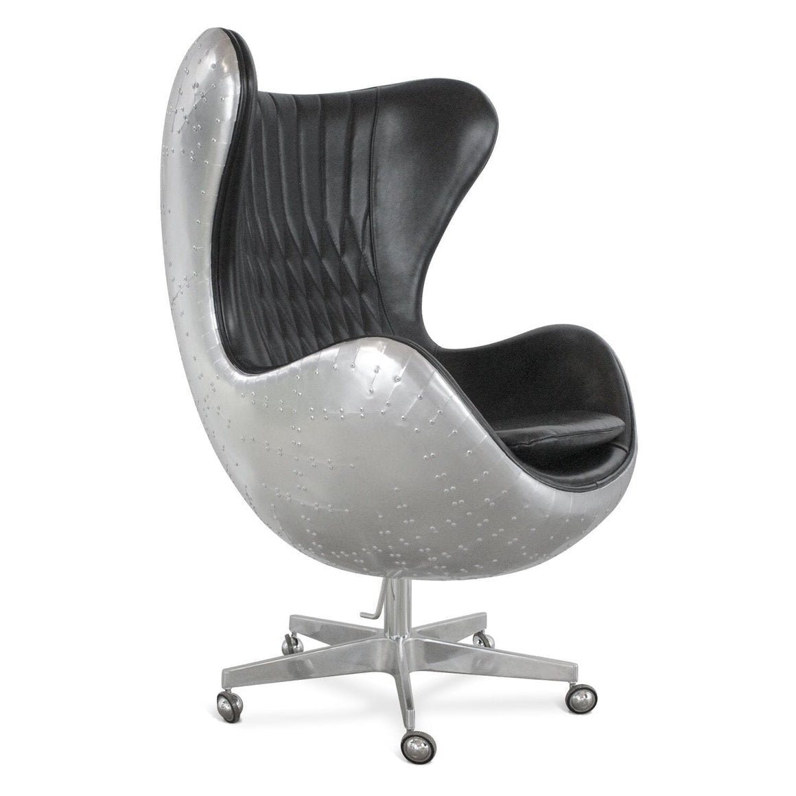 Aviator Egg Office Chair - Aluminum - Black Leather - Swivel - Casters - Rustic Deco Incorporated