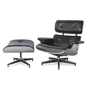 Aviator Mid-Century Modern Lounge Chair and Ottoman - Black Leather - Rustic Deco Incorporated