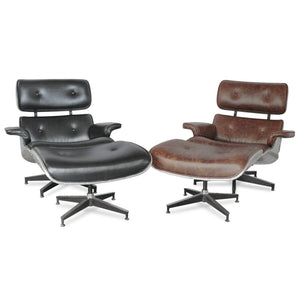 Aviator Mid-Century Modern Lounge Chair and Ottoman - Black Leather - Rustic Deco Incorporated