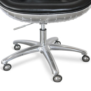 Aviator Office Swan Chair - Casters - Genuine Black Leather - Aluminum - Rustic Deco Incorporated