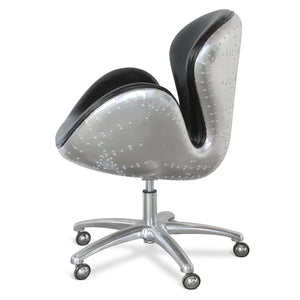Aviator Office Swan Chair - Casters - Genuine Black Leather - Aluminum - Rustic Deco Incorporated