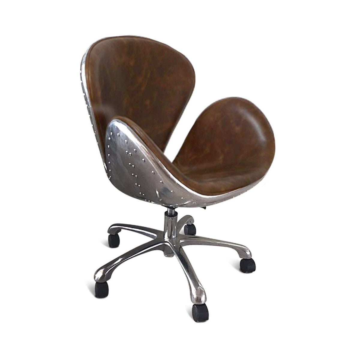 Aviator Office Swan Chair - Casters - Genuine Leather - Polished Aluminum - Rustic Deco Incorporated