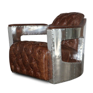 Aviator Spitfire Club Chair - Tufted Brown Genuine Leather - Aluminum - Rustic Deco Incorporated