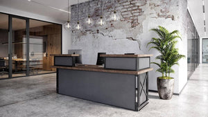 Carruca Modern Industrial Reception Desk - Steel Base - Wood Top - L Shape - Rustic Deco Incorporated