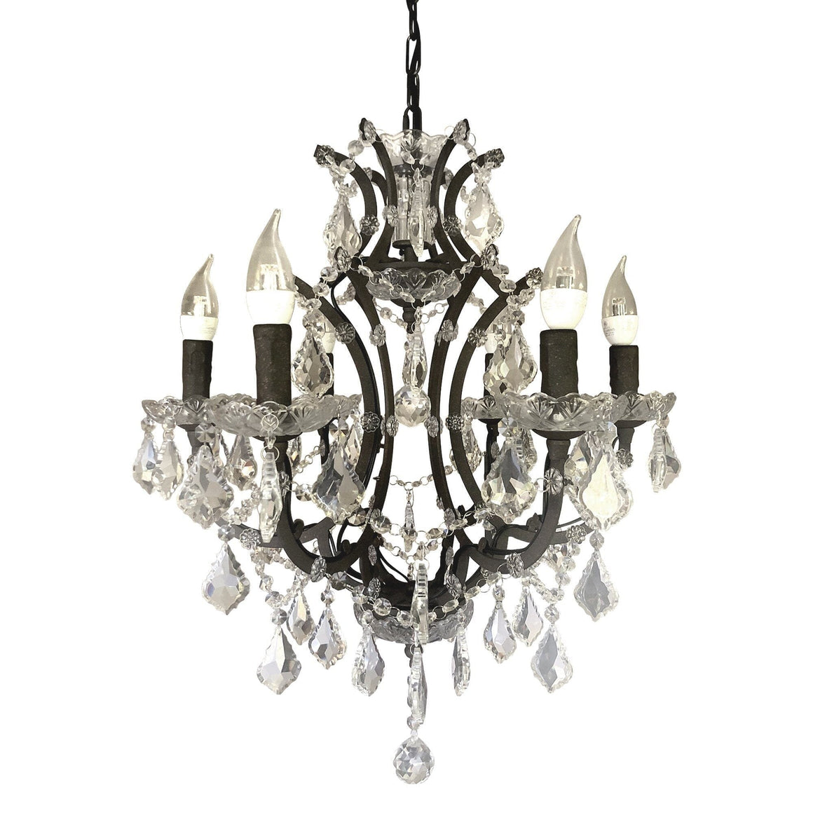Classic Formal Crystal and Distressed Iron Chandelier - 6 Lights - Rustic Deco Incorporated