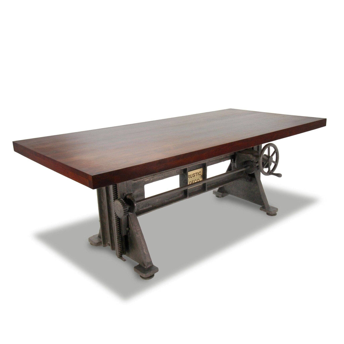 Craftsman Industrial Dining Table - Adjustable Height Iron Base - Mahogany Top - Rustic Deco Incorporated