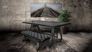 Crescent Industrial Dining Bench - Adjustable Iron Base - Black Leather Seat - Rustic Deco Incorporated