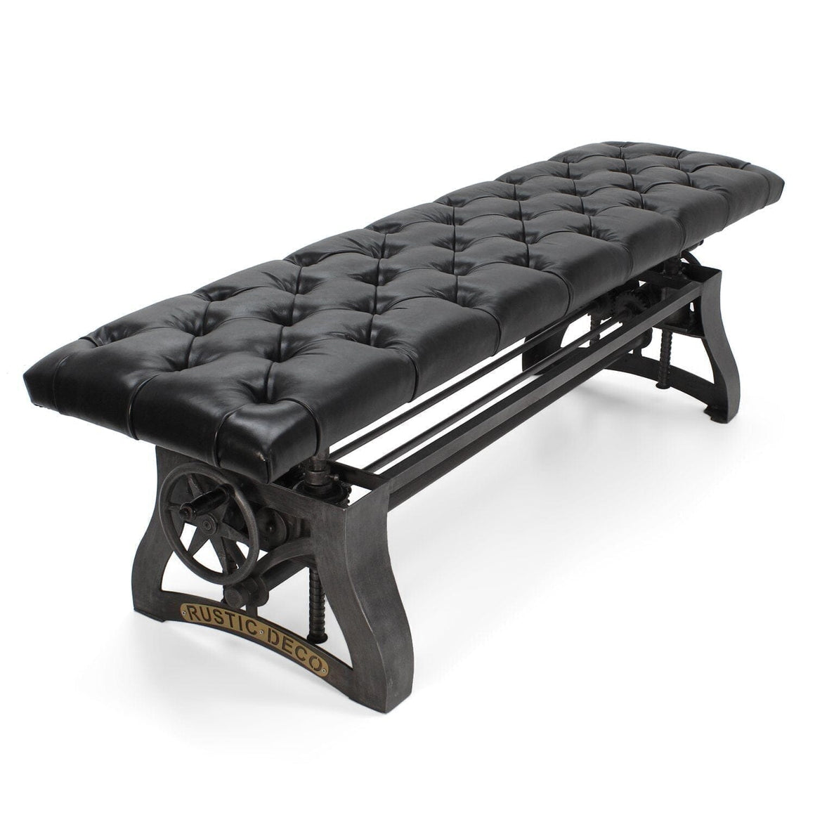 Crescent Industrial Dining Bench - Adjustable Iron Base - Black Leather Seat - Rustic Deco Incorporated