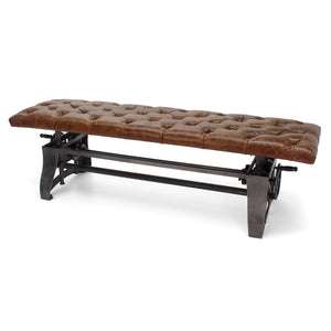 Crescent Industrial Dining Bench - Adjustable Iron Base - Brown Leather Seat - Rustic Deco Incorporated